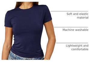 Women's <b>Navy</b> Blue Crew Neck Short Sleeve Slim Fit Cotton Jersey T-Shirt Casual Solid Color Breathable Spring Summer <b>Top</b> - Product Image 3