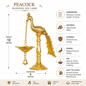 Soporte para Lámpara de Aceite de Latón con Forma de Pavo Real Hecho a Mano |   Campana Decorativa Colgante con Forma de Diya |   Decoración Tradicional de Templo para Bodas |   Indirae - Product Image 5