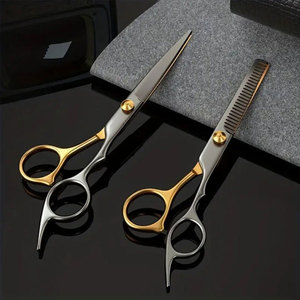 Ciseaux de coiffure professionnels en acier inoxydable de 6 pouces, finition noir et or, 25 dents, manche moyen pour la coupe et l'effilage des cheveux - Product Image 1