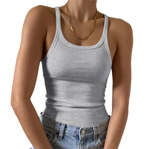 Camiseta sin mangas de punto acanalado con cuello redondo y ajuste ceñido de mezclilla de poliéster/spandex de color liso para mujer - Product Image 5