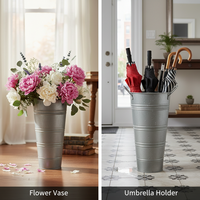 Ember Logam Galvanis Vaes Farmhouse French Flower Bucket Pot dengan Pegangan, Wadah Logam Dekoratif Rustic, Vas Bunga untuk Rumah