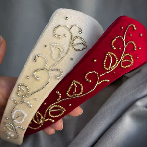 Zardosi Embroidery Velvet Padded Hairband Women Wedding Party Wear Hair Accessory Handcrafted Glass <b>Bead</b> Broad Band <b>Headband</b> - Product Image 1