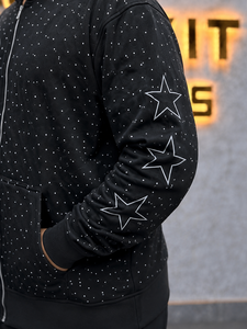 Men's Custom Made <b>Black</b> Rhinestones Pattern Zip-Up <b>Hoodie</b> With Front Logo And Star Sleeve Design Casual Streetwear Sweatshirt - Product Image 3