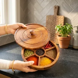 Handcrafted Wooden <b>Spice</b> <b>Box</b> 9 Inch Masala Dabba Rustic Style Kitchen Storage Organizer Traditional <b>Spice</b> Container - Product Image 6