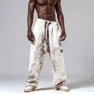 กางเกงวอร์มสไตล์สตรีทแบบสโตนวอช พิมพ์ลายแบบซับลิเมชั่น ทรงโอเวอร์ไซส์ ผ้าฟลีซฟอกสีแบบแอซิดวอช สำหรับผู้ชาย - Product Image 3