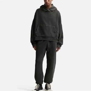 Washed <b>Black</b> Solid Autumn Heavyweight Hoodie Oversized Boxy Cropped Fit 510 GSM Cotton <b>Fleece</b> No Drawstring Streetwear - Product Image 1