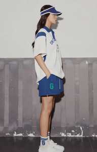 Women's White Color Block <b>Polo</b> Shirt Short Sleeve Turn Down Collar <b>Top</b> with Blue Shorts - Product Image 2