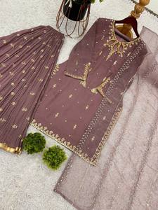 Family Matching Faux Georgette Embroidered Kurta Palazzo Set with <b>Tissue</b> Net Dupatta | Women & Kids Festival Party Wear Ethnic O - Product Image 4