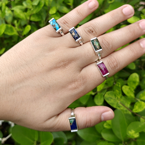 เครื่องประดับแฟชั่นคลาสสิก แหวนทองเหลืองชุบเงิน 18k ประดับด้วยพลอยธรรมชาติ ทองแดงและเทอร์ควอยซ์ แหวนปรับขนาดได้สำหรับผู้หญิง เครื่องประดับสวยหรูไม่ซ้ำใคร - Product Image 6
