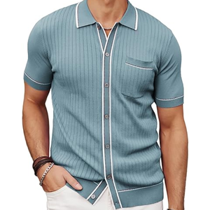 Chemise boutonnée à manches courtes en tricot pour homme, style vintage Old Money, décontractée, polo, plage, vacances - Product Image 3