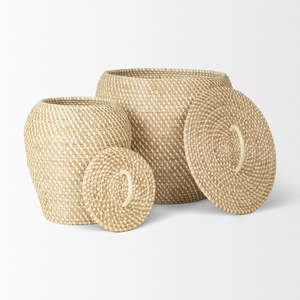 Set of 2 Handmade Seagrass Floor <b>Baskets</b> with Flat Handles Natural <b>Woven</b> Textured Storage Kingcraftviet - Product Image 2