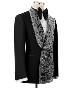 Blazer de esmoquin negro para hombre con adornos de diamantes de imitación – Chaqueta de traje de diseñador con solapa tipo chal para bodas y fiestas - Product Image 2