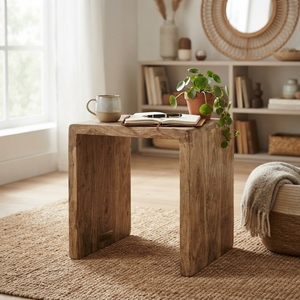 Sulur Side Table <b>Solid</b> <b>Wood</b> Small Accent End Table Modern Rustic Waterfall Nightstand Natural Teak Style Living Room Furniture - Product Image 5