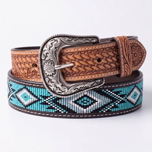 Ceinture de cowboy vintage en cuir véritable sur mesure OEM, faite à la main, avec tressage en corbeille, perles turquoise et boucle en acier gravée - Product Image 1