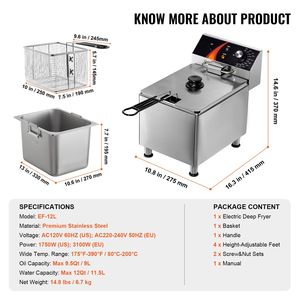 Friggitrice Elettrica Commerciale da Banco 1750W con Altezza Cestello Regolabile in Acciaio Inox, Capacità 12Qt/11.5L, Usata - Product Image 4