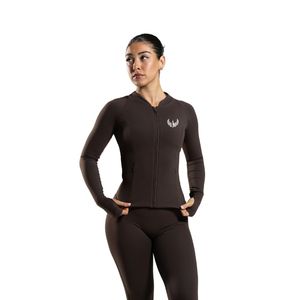 Women's Brown Full Zip Training <b>Jacket</b> with Thumb Holes Long Sleeve Stretch Gym Fitness Running Yoga <b>Workout</b> Activewear Sports - Product Image 1