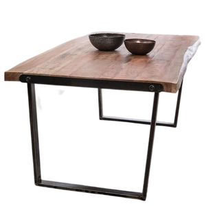 Mesa de Comedor Artesanal con Borde Natural, Acabado Orgánico en Tablones Unidos, Patas Metálicas en Forma de U con Acabado Negro Desgastado - Product Image 5