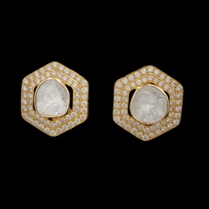 Classic Traditional Hexagon <b>Stud</b> <b>Earrings</b> In 18K Gold With Diamonds and Polki Crystals <b>Fine</b> Jewellery For Women Handmade - Product Image 1