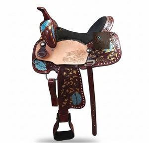 Western Brown Leather Floral <b>Hand</b> Carved Leaf Designed Barrel Horse Racing Saddle Black Suede Seat SS Fitting 10" to 18" Inch - Product Image 1