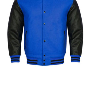 Men's Blue Varsity <b>Jacket</b> With Black PU Sleeves Stand Collar Casual Autumn Wear Regular Fit Button Closure - Product Image 4