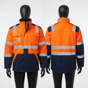 Veste de travail en toile de polyester de qualité supérieure 300 GSM, imperméable, respirante, à capuche, avec empiècements orange et bleu marine réfléchissants, pour l'hiver - Product Image 1