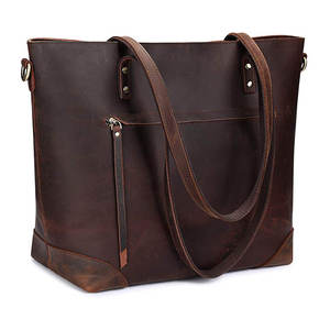 Vintage Genuine Leather <b>Tote</b> <b>Bag</b> Women Shoulder Handbag Zipper Closure for Work Daily Use - Product Image 1