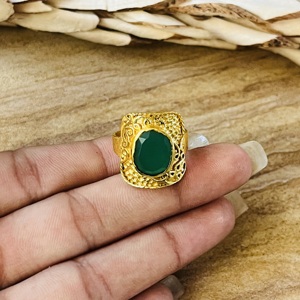 2026 High Demand Vintage Textured Green Onyx <b>Ring</b> Boho Brass Jewelry 18K Gold Plated Chunky <b>Statement</b> Wholesale <b>Ring</b> For Women - Product Image 3