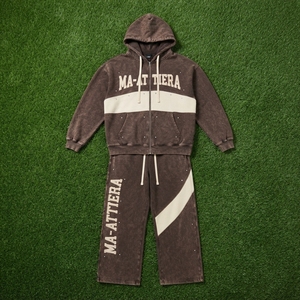 Ensemble de survêtement à capuche pour homme, marron crème, imprimé lettres, fermeture éclair intégrale, coupe ample, style décontracté, 100 % coton, collection automne - Product Image 6