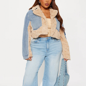 Women's <b>Denim</b> <b>Jacket</b> With Faux Fur Lining Light Blue <b>Cropped</b> Casual Autumn Winter Coat Regular Fit Contrast Color Pockets - Product Image 2