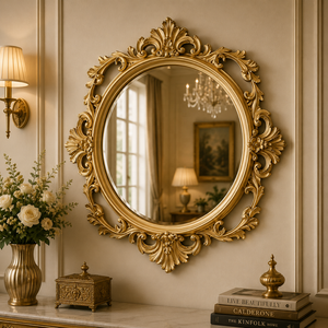 Espejo Redondo de Madera Tallado a Mano Camellia Crest, Acabado Dorado Antiguo, Espejo Decorativo de Pared, Decoración de Hogar de Lujo Atemporal - Product Image 1