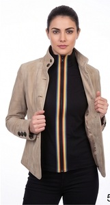 Wholesale Women Beige <b>Suede</b> <b>Jacket</b> Double Breasted Coat Custom Rainbow Zip Trim Stand Collar Outerwear Supplier - Product Image 5