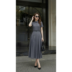 Vestido Midi Elegante para Mujer, con Cuello Polo, Manga Corta, Cinturón, Estilo Oficina, de la Mejor Calidad - Product Image 1
