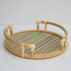 Ensemble de 2 plateaux ronds tissés à la main, plateau de service carré en rotin personnalisable pour aliments, plateau en osier tissé OEM HNH fabriqué au Vietnam - Product Image 5