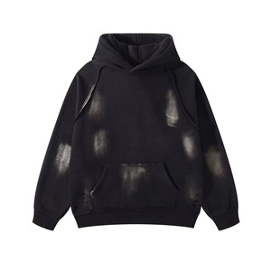 Fournisseur de sweats à capuche streetwear – Hoodie oversize noir délavé, broderie vieillie, strass, effet vintage, délavage à la pierre, MOQ 10 - Product Image 5