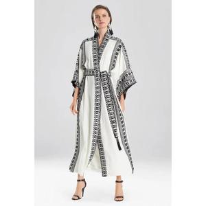 Kimono largo blanco para mujer con estampado étnico negro, cinturón, ropa de lujo para estar en casa o salir de noche, cintura natural - Product Image 1