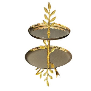 Soporte decorativo de dos niveles para servir dulces, con acabado en metal plateado y diseño de hojas doradas, en oferta. - Product Image 1