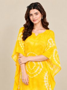 Boho <b>Yellow</b> Tie Dye <b>Dress</b> <b>Women</b> Summer Batwing Sleeve V Neck Loose Midi Beach Cover Up - Product Image 3