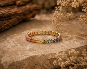 Gold Plated 925 <b>Silver</b> <b>Eternity</b> Band <b>Ring</b> with Rainbow Zircon Prong Setting Trendy Style Unisex Everyday Wear Jewelry - Product Image 4
