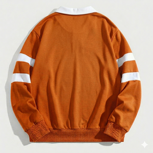 Polo tricoté sur mesure pour homme, manches longues, respirant, en coton, style rugby, col rayé orange et blanc, coupe oversize, vente en gros - Product Image 2