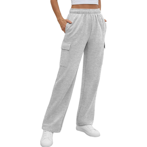 Pantalon de jogging cargo ample gris clair en molleton épais avec taille élastique pour femme – Coupe oversize et jambe large pour l'hiver - Product Image 1