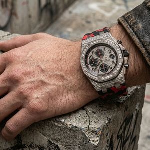 Luxury Diamond Chronograph Men <b>Watch</b> Red <b>Black</b> Camouflage Rubber Strap Iced Out Bezel Sport Quartz Dial Arabic Numeral Timepiece - Product Image 6