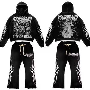 ชุดเซ็ทลำลองผู้ชายผ้าฝ้าย 100% ขายส่ง รับสกรีนโลโก้ กางเกงขาบาน เสื้อครอปท็อป 2 ชิ้น แบบ 2-in-1 มีฮู้ด - Product Image 2
