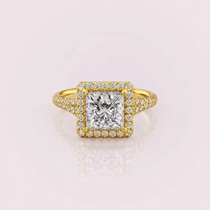 Anillo Halo con Diamante Cultivado en Laboratorio Corte Princesa, Banda Pavé, Oro Rosa/Amarillo y Blanco de 9kt - Product Image 1