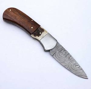 Couteau pliant artisanal en acier Damas, utilitaire EDC pour l'extérieur, ouverture coulissante, 7,5 pouces, manche en bois de cerf et noyer - Product Image 4