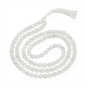 Collar Mala de Selenita Natural con 108 Cuentas, Cuentas de Cristal Redondas de 8mm para Oración, Meditación y Yoga, con Borla, Hecho a Mano, Certificado, Venta al por Mayor - Product Image 1