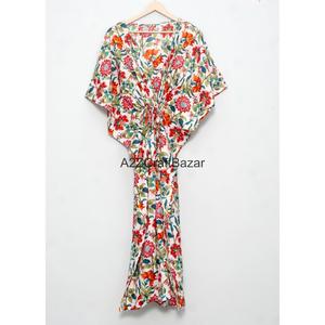 Robe longue moulante en coton pour femme, style kaftan, imprimé bloc, lavable, confortable, pour la nuit, demoiselle d'honneur, tenue de plage, faite à la main - Product Image 5