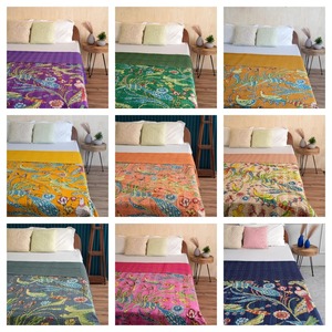 Handmade Organic Cotton Kantha Quilt Reversible <b>Blanket</b> Beautiful Floral Printed Pattern All-Season Designer Trendy Colors - Product Image 5