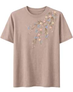 Camiseta de Mujer Color Beige Taupe Personalizada con Bordado Floral, Cuello Redondo, Algodón Suave, Manga Corta, Informal, Ligera, para Verano - Product Image 1