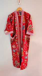 <b>Women</b> Red Floral Printed <b>Kimono</b> Robe Short Sleeve Full Length Casual Wear 100% Cotton Woven Sleepwear - Product Image 4