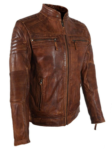 Veste d'hiver pour homme en cuir véritable et toile respirante, style streetwear, col tendance, punk, motard, manches longues délavées - Product Image 4